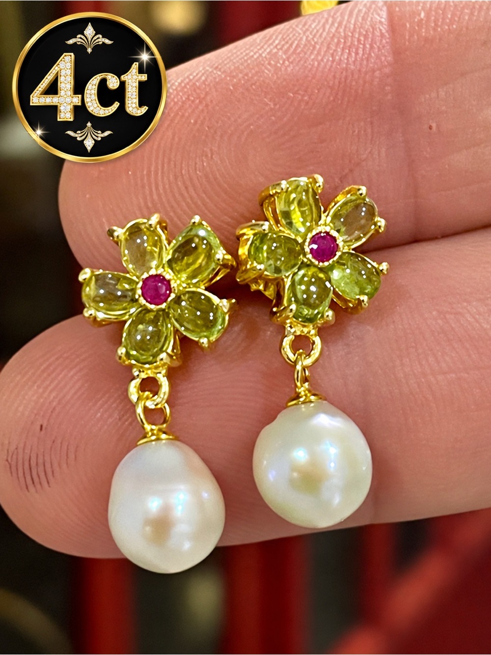 Peridot Ruby Pearl Earrings 14k yellow gold on silver 4.06ct